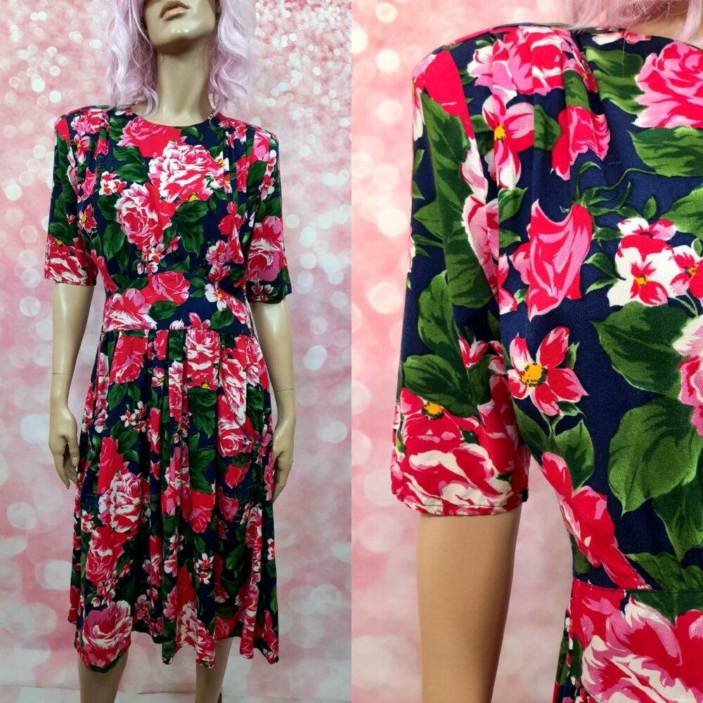 Vintage 80s Floral Rose Dress Size M With Pockets Caroline Wells Pink Blue Midi